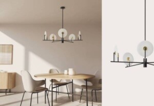 Comedor moderno con mesa redonda de madera clara y sillas de diseño, iluminado por una lámpara de techo contemporánea en negro y blanco de Ao Mobiliario, que aporta estilo y elegancia al hogar.