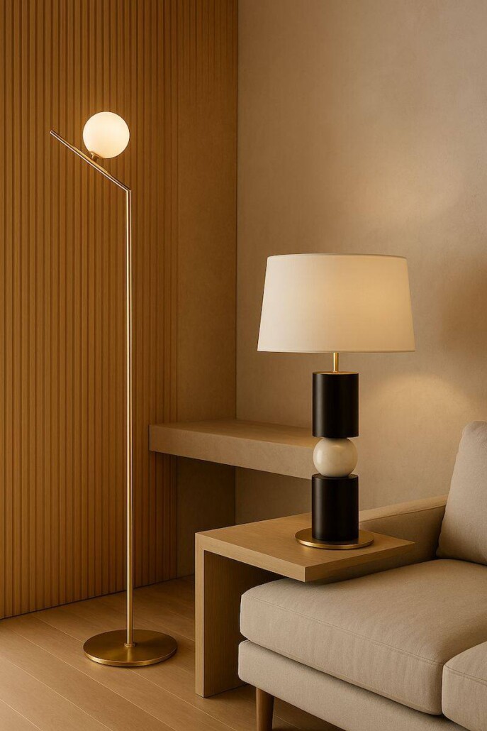 Lámpara de pie dorada y lámpara de sobremesa moderna con pantalla blanca sobre mesa auxiliar de madera, decorando un salón minimalista y elegante de Ao Mobiliario.