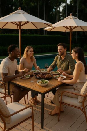 Amigos disfrutando de comida con muebles exterior
