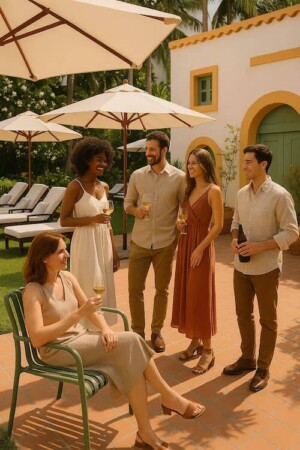 decoración de jardín con sombrillas y sillas