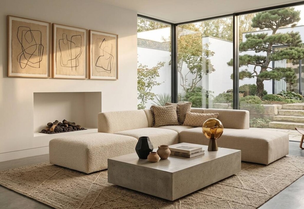 salón grande de tonos cálido con una mesa baja de mármol y sofá de borreguito beige