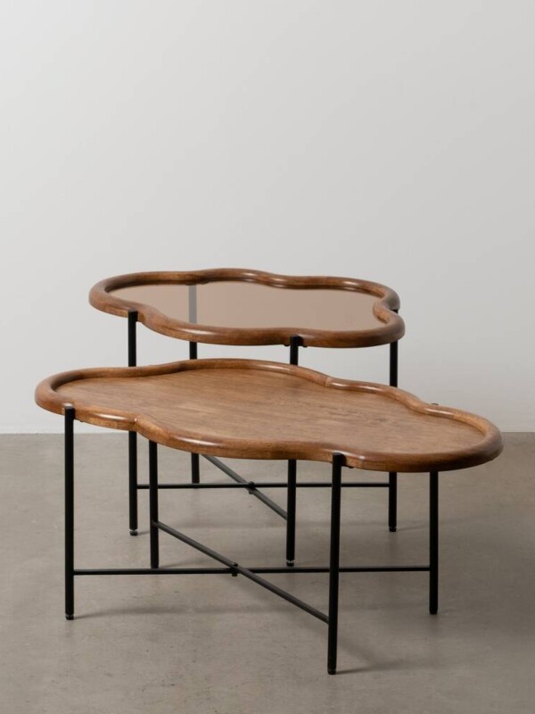 S/2 MESA CENTRO NATURAL MADERA / CRISTAL 89 X 50 X 40 CM