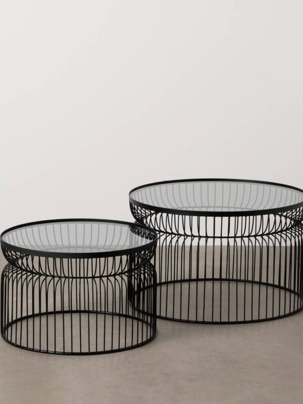 S/2 MESA CENTRO NEGRO METAL-CRISTAL 65 X 65 X 40 CM
