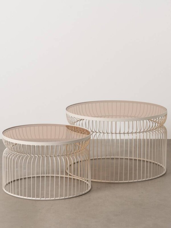 S/2 MESA CENTRO CREMA METAL-CRISTAL 65 X 65 X 40 CM