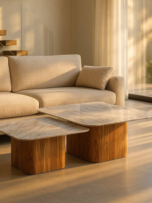 S/2 MESA CENTRO MADERA-MÁRMOL SALÓN 100 X 100 X 41 CM